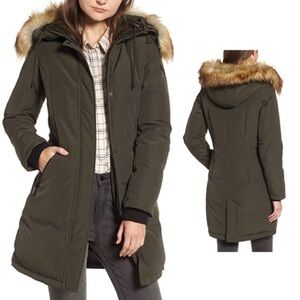 Sam Edelman Faux Fur Trim Hooded Down Jacket XS Loden Green NWT